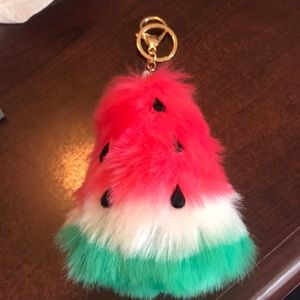 Faux Fur Watermelon Slice Pom Keychain